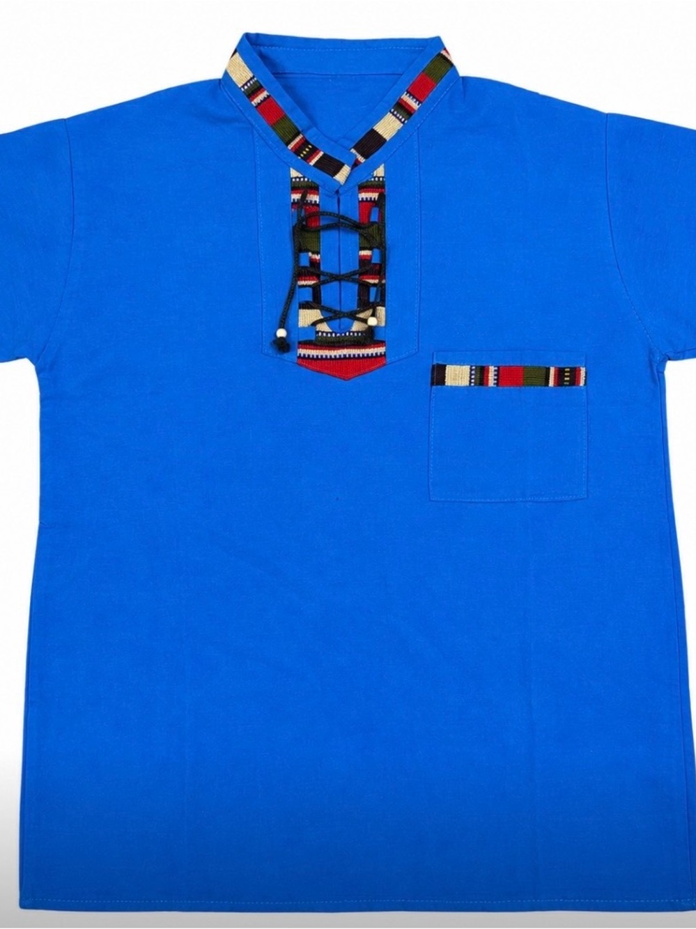 Men's Bright Blue Short-Sleeve Polo with Patterned Trim